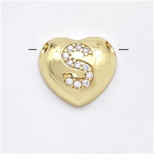 Copper Heart Pendant Pave Zirconia Letter-S Large Hole Gold Plated, approx 16mm, 3mm hole [FN44224]