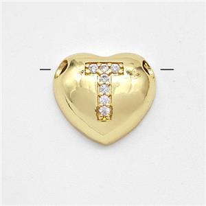 Copper Heart Pendant Pave Zirconia Letter-T Large Hole Gold Plated, approx 16mm, 3mm hole [FN44225]