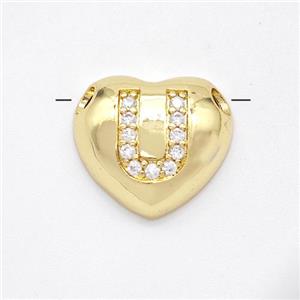 Copper Heart Pendant Pave Zirconia Letter-U Large Hole Gold Plated, approx 16mm, 3mm hole [FN44226]