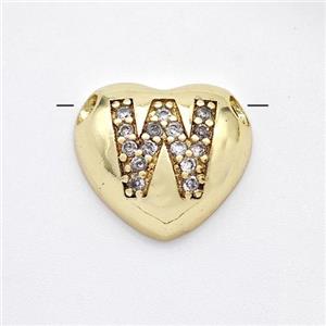 Copper Heart Pendant Pave Zirconia Letter-W Large Hole Gold Plated, approx 16mm, 3mm hole [FN44228]