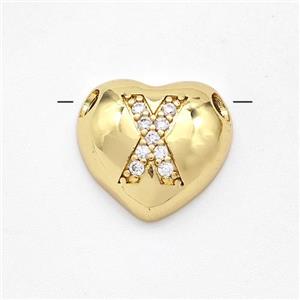Copper Heart Pendant Pave Zirconia Letter-X Large Hole Gold Plated, approx 16mm, 3mm hole [FN44229]