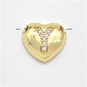 Copper Heart Pendant Pave Zirconia Letter-Y Large Hole Gold Plated, approx 16mm, 3mm hole [FN44230]