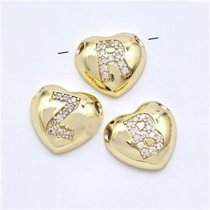 Copper Heart Alphabet Pendant Pave Zirconia Mix Letters Large Hole Gold Plated, approx 16mm, 3mm hole [FN44232]