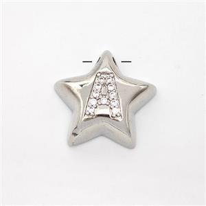 Copper Star Pendant Pave Zirconia Letter-A Large Hole Platinum Plated, approx 16mm, 3mm hole [FN44233]
