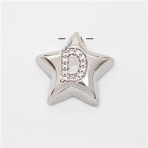 Copper Star Pendant Pave Zirconia Letter-D Large Hole Platinum Plated, approx 16mm, 3mm hole [FN44236]