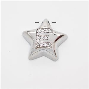 Copper Star Pendant Pave Zirconia Letter-E Large Hole Platinum Plated, approx 16mm, 3mm hole [FN44237]