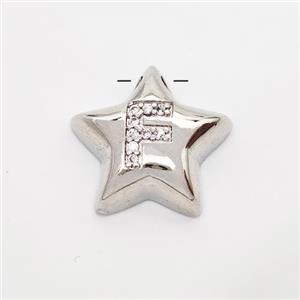 Copper Star Pendant Pave Zirconia Letter-F Large Hole Platinum Plated, approx 16mm, 3mm hole [FN44238]