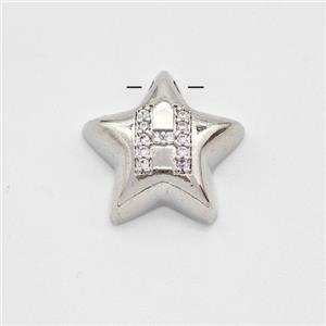 Copper Star Pendant Pave Zirconia Letter-H Large Hole Platinum Plated, approx 16mm, 3mm hole [FN44240]