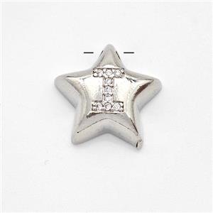 Copper Star Pendant Pave Zirconia Letter-I Large Hole Platinum Plated, approx 16mm, 3mm hole [FN44241]