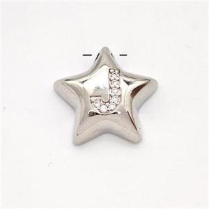 Copper Star Pendant Pave Zirconia Letter-J Large Hole Platinum Plated, approx 16mm, 3mm hole [FN44242]