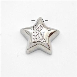 Copper Star Pendant Pave Zirconia Letter-K Large Hole Platinum Plated, approx 16mm, 3mm hole [FN44243]