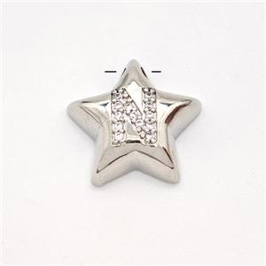 Copper Star Pendant Pave Zirconia Letter-N Large Hole Platinum Plated, approx 16mm, 3mm hole [FN44246]