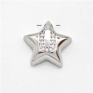 Copper Star Pendant Pave Zirconia Letter-U Large Hole Platinum Plated, approx 16mm, 3mm hole [FN44253]
