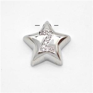 Copper Star Pendant Pave Zirconia Letter-Z Large Hole Platinum Plated, approx 16mm, 3mm hole [FN44258]