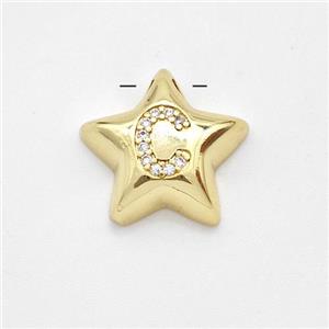 Copper Star Pendant Pave Zirconia Letter-C Large Hole Gold Plated, approx 16mm, 3mm hole [FN44262]