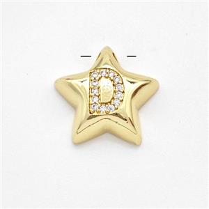 Copper Star Pendant Pave Zirconia Letter-D Large Hole Gold Plated, approx 16mm, 3mm hole [FN44263]