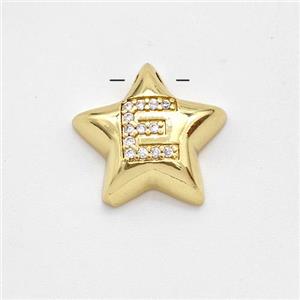 Copper Star Pendant Pave Zirconia Letter-E Large Hole Gold Plated, approx 16mm, 3mm hole [FN44264]