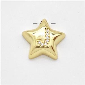 Copper Star Pendant Pave Zirconia Letter-J Large Hole Gold Plated, approx 16mm, 3mm hole [FN44269]