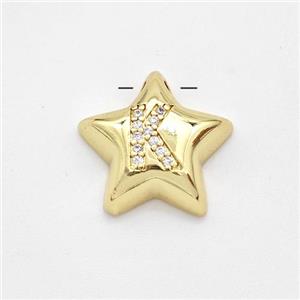 Copper Star Pendant Pave Zirconia Letter-K Large Hole Gold Plated, approx 16mm, 3mm hole [FN44270]
