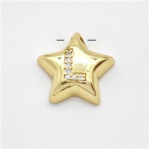 Copper Star Pendant Pave Zirconia Letter-L Large Hole Gold Plated, approx 16mm, 3mm hole [FN44271]