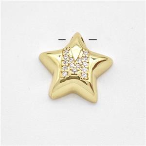 Copper Star Pendant Pave Zirconia Letter-M Large Hole Gold Plated, approx 16mm, 3mm hole [FN44272]