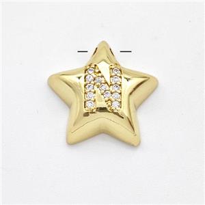 Copper Star Pendant Pave Zirconia Letter-N Large Hole Gold Plated, approx 16mm, 3mm hole [FN44273]