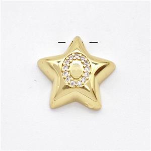 Copper Star Pendant Pave Zirconia Letter-O Large Hole Gold Plated, approx 16mm, 3mm hole [FN44274]