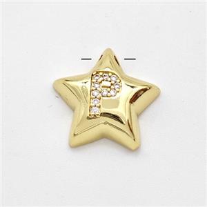 Copper Star Pendant Pave Zirconia Letter-P Large Hole Gold Plated, approx 16mm, 3mm hole [FN44275]