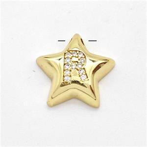 Copper Star Pendant Pave Zirconia Letter-R Large Hole Gold Plated, approx 16mm, 3mm hole [FN44277]