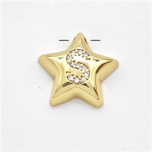 Copper Star Pendant Pave Zirconia Letter-S Large Hole Gold Plated, approx 16mm, 3mm hole [FN44278]