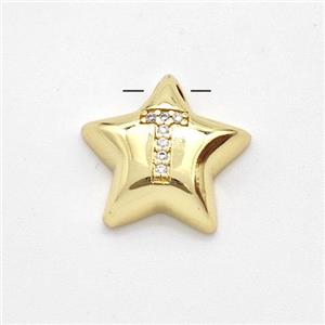 Copper Star Pendant Pave Zirconia Letter-T Large Hole Gold Plated, approx 16mm, 3mm hole [FN44279]