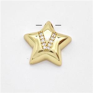 Copper Star Pendant Pave Zirconia Letter-V Large Hole Gold Plated, approx 16mm, 3mm hole [FN44281]