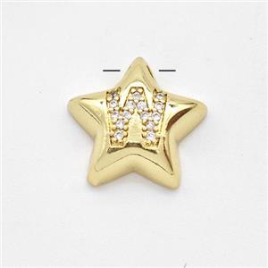 Copper Star Pendant Pave Zirconia Letter-W Large Hole Gold Plated, approx 16mm, 3mm hole [FN44282]