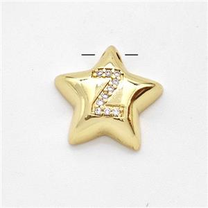 Copper Star Pendant Pave Zirconia Letter-Z Large Hole Gold Plated, approx 16mm, 3mm hole [FN44285]