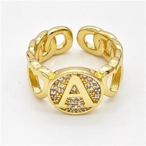 Copper Ring Pave Zirconia Letter-A Gold Plated, approx 12mm, 18mm dia [FN44313]