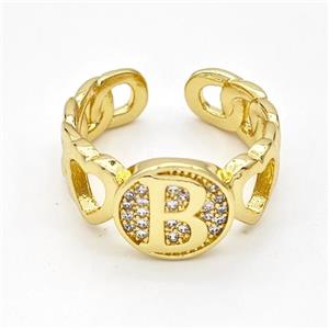 Copper Ring Pave Zirconia Letter-B Gold Plated, approx 12mm, 18mm dia [FN44314]