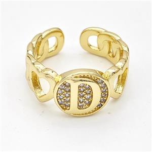 Copper Ring Pave Zirconia Letter-D Gold Plated, approx 12mm, 18mm dia [FN44316]