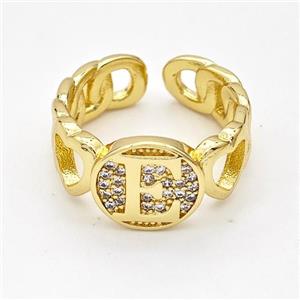 Copper Ring Pave Zirconia Letter-E Gold Plated, approx 12mm, 18mm dia [FN44317]