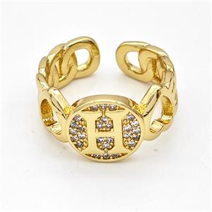 Copper Ring Pave Zirconia Letter-H Gold Plated, approx 12mm, 18mm dia [FN44320]