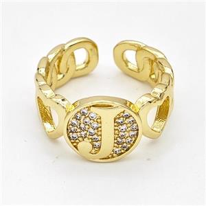 Copper Ring Pave Zirconia Letter-J Gold Plated, approx 12mm, 18mm dia [FN44322]