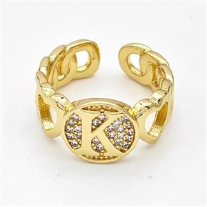 Copper Ring Pave Zirconia Letter-K Gold Plated, approx 12mm, 18mm dia [FN44323]