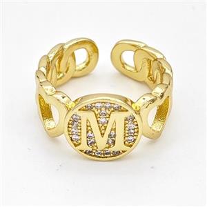 Copper Ring Pave Zirconia Letter-M Gold Plated, approx 12mm, 18mm dia [FN44325]