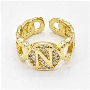 Copper Ring Pave Zirconia Letter-N Gold Plated, approx 12mm, 18mm dia [FN44326]