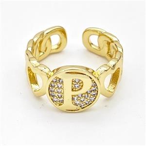 Copper Ring Pave Zirconia Letter-P Gold Plated, approx 12mm, 18mm dia [FN44328]