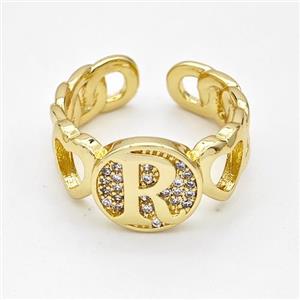 Copper Ring Pave Zirconia Letter-R Gold Plated, approx 12mm, 18mm dia [FN44330]