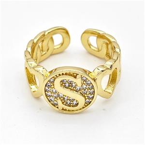 Copper Ring Pave Zirconia Letter-S Gold Plated, approx 12mm, 18mm dia [FN44331]