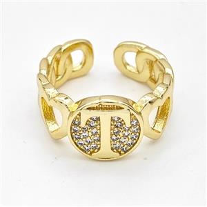 Copper Ring Pave Zirconia Letter-T Gold Plated, approx 12mm, 18mm dia [FN44332]