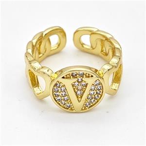 Copper Ring Pave Zirconia Letter-V Gold Plated, approx 12mm, 18mm dia [FN44334]