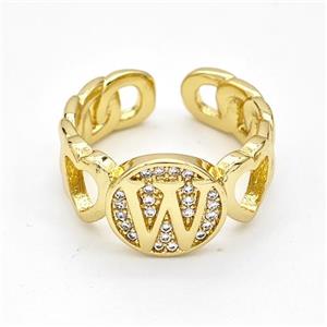 Copper Ring Pave Zirconia Letter-W Gold Plated, approx 12mm, 18mm dia [FN44335]