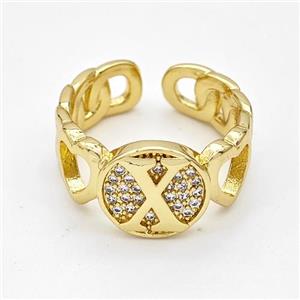 Copper Ring Pave Zirconia Letter-X Gold Plated, approx 12mm, 18mm dia [FN44336]